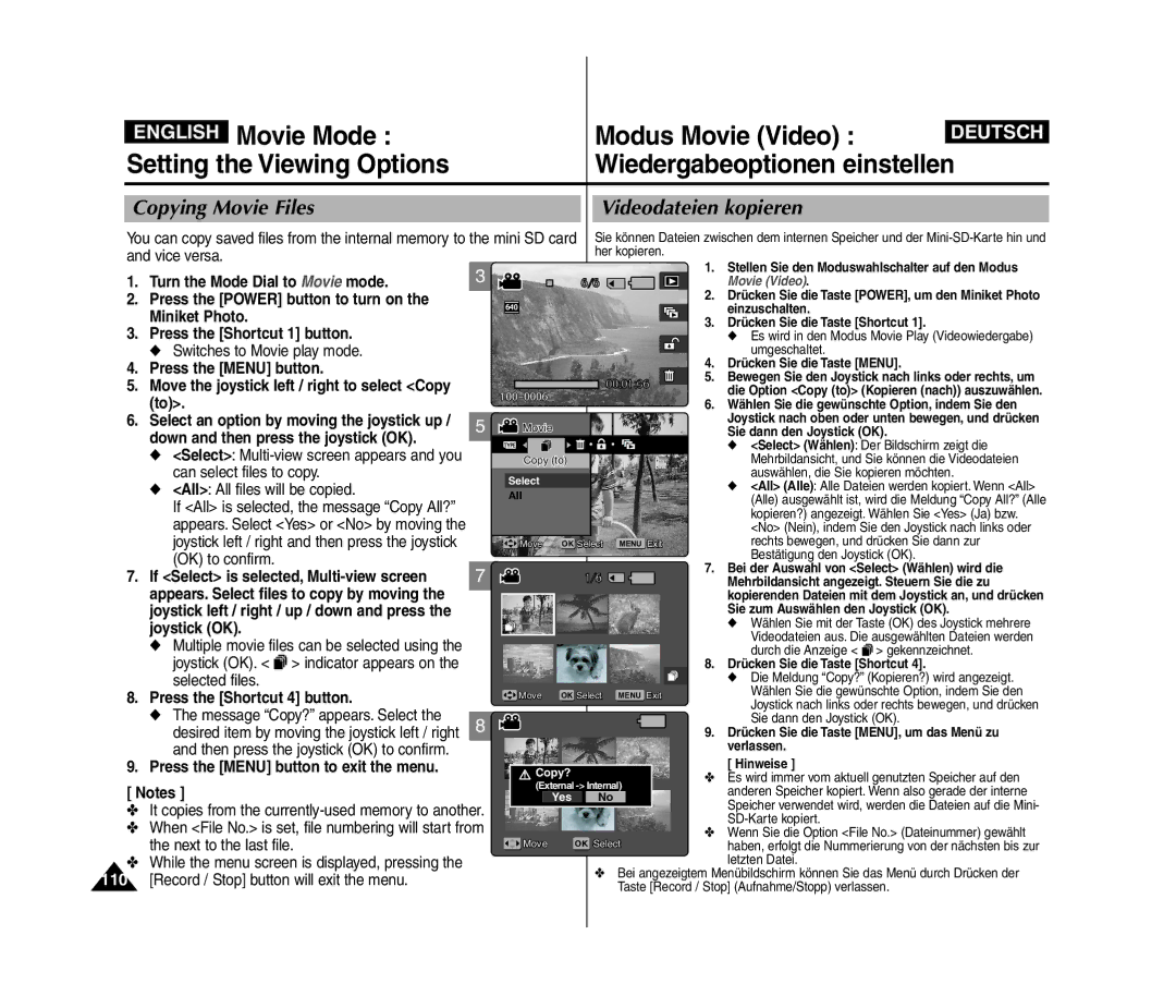 Samsung VP-MM12S/XET manual Copying Movie Files Videodateien kopieren, Vice versa, Can select files to copy, OK to confirm 