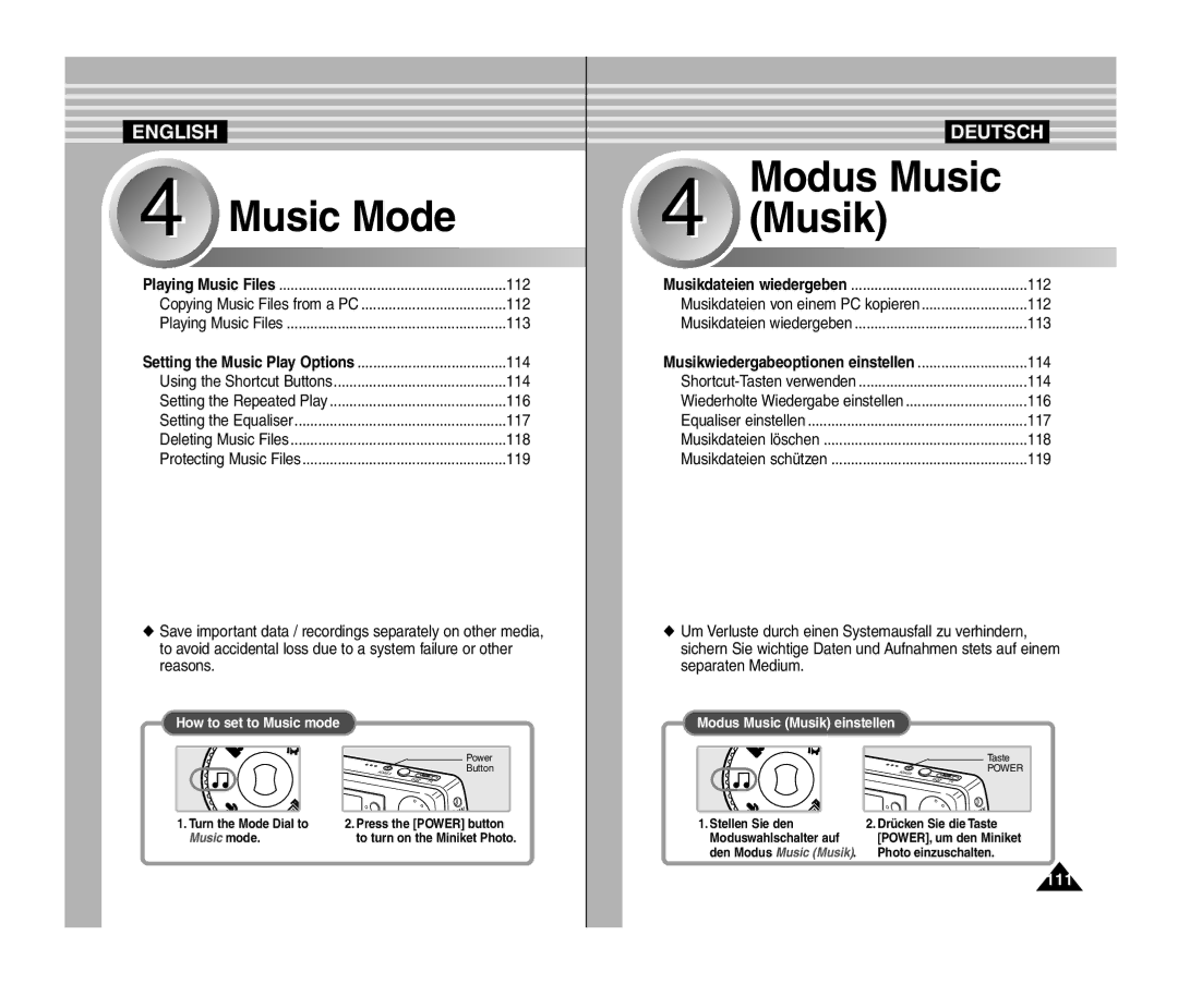 Samsung VP-MM12BL/XET, VP-MM11S/XEF, VP-MM11S/XET, VP-MM12S/XET, VP-MM11S/AND manual 111, Musikwiedergabeoptionen einstellen 