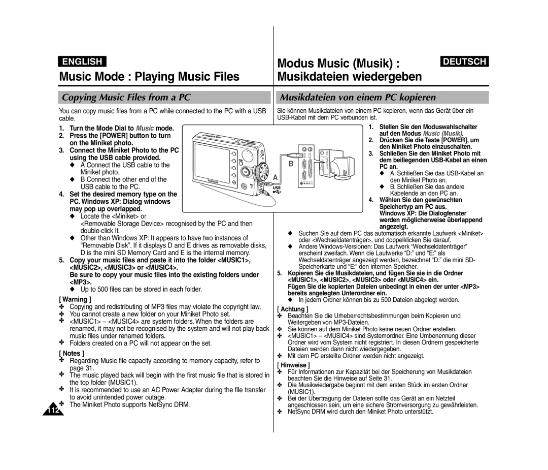 Samsung VP-MM11S/AND, VP-MM11S/XEF manual Modus Music Musik, Music Mode Playing Music Files, Musikdateien wiedergeben 