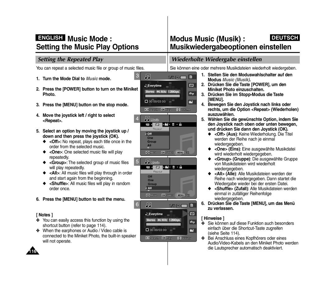 Samsung VP-MM12S/XEV, VP-MM11S/XEF, VP-MM11S/XET manual Setting the Repeated Play Wiederholte Wiedergabe einstellen, 116 