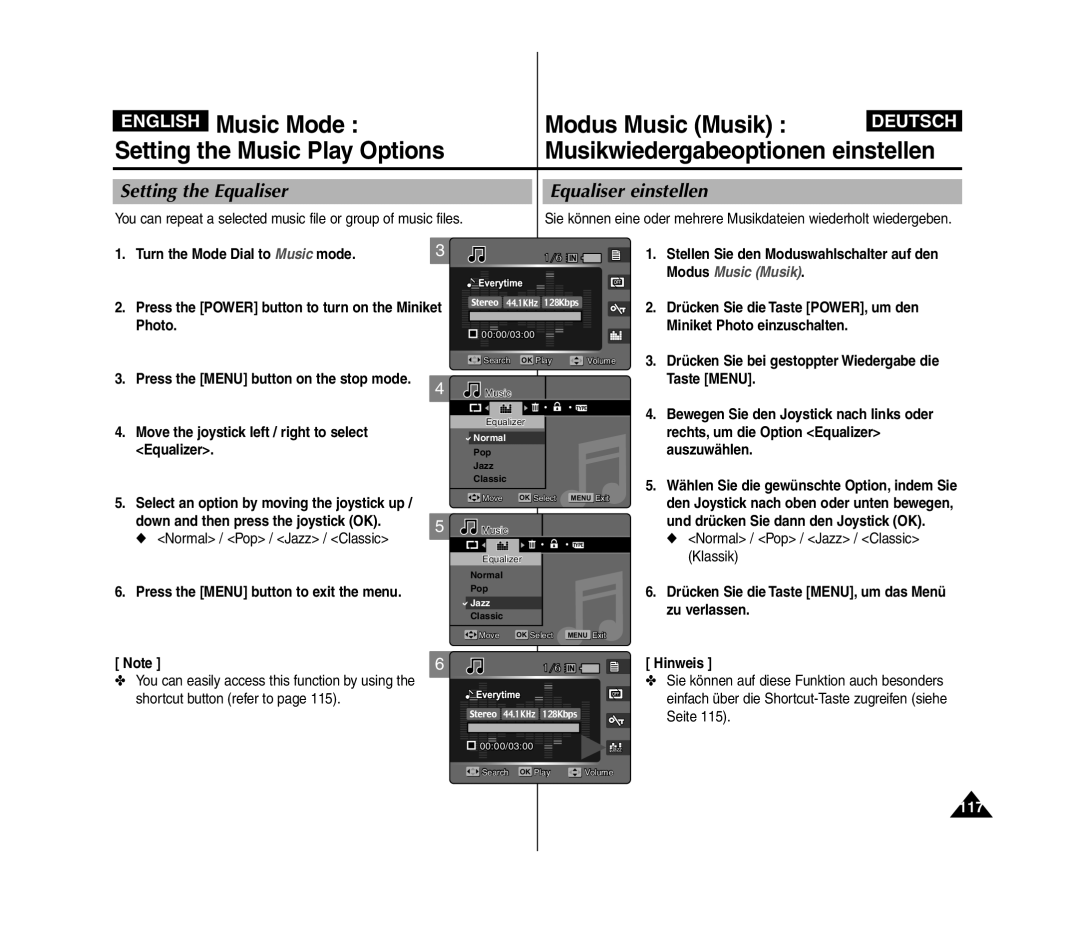 Samsung VP-MM11S/XEF, VP-MM11S/XET manual Setting the Equaliser Equaliser einstellen, 117, Normal / Pop / Jazz / Classic 