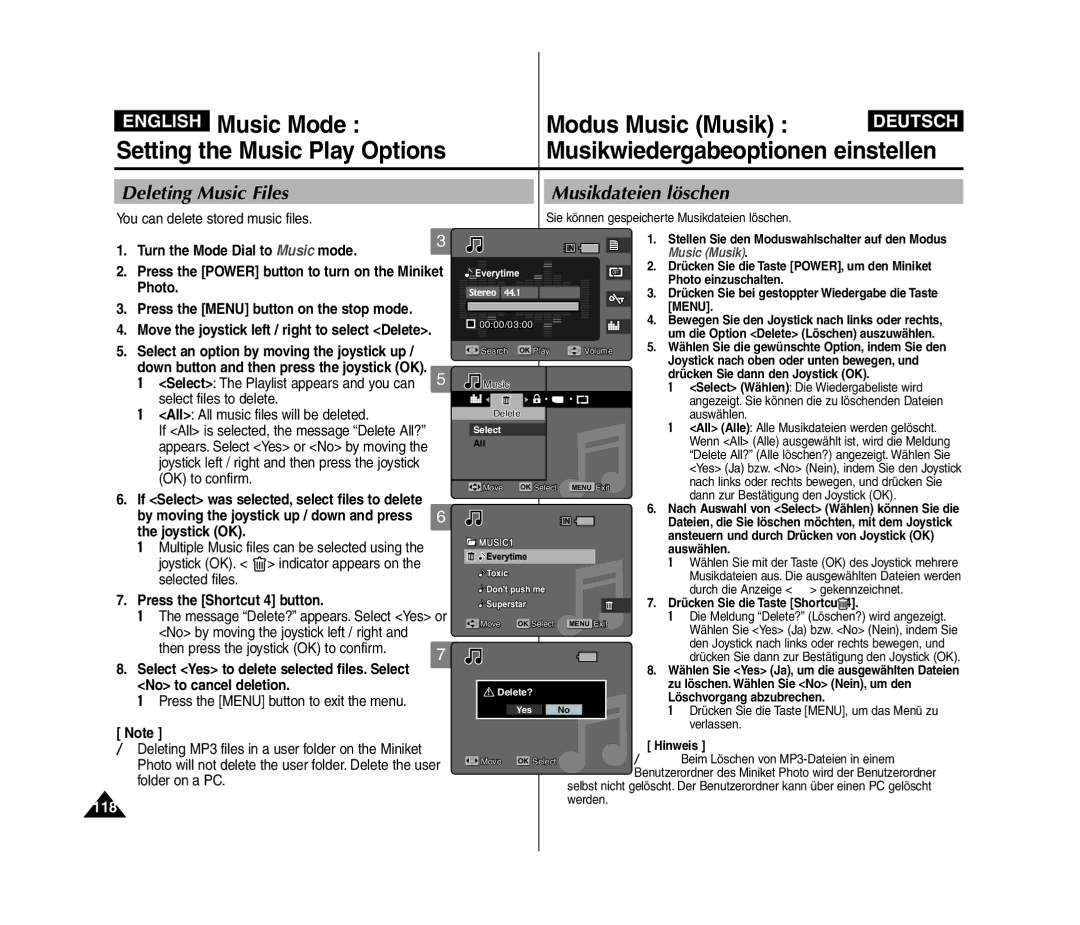 Samsung VP-MM11S/XET, VP-MM11S/XEF English Music Mode Modus Music Musik, Deleting Music Files, Musikdateien löschen, 118 