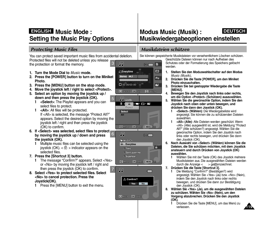 Samsung VP-MM12S/XET manual Protecting Music Files Musikdateien schützen, Move the joystick left / right to select Protect 