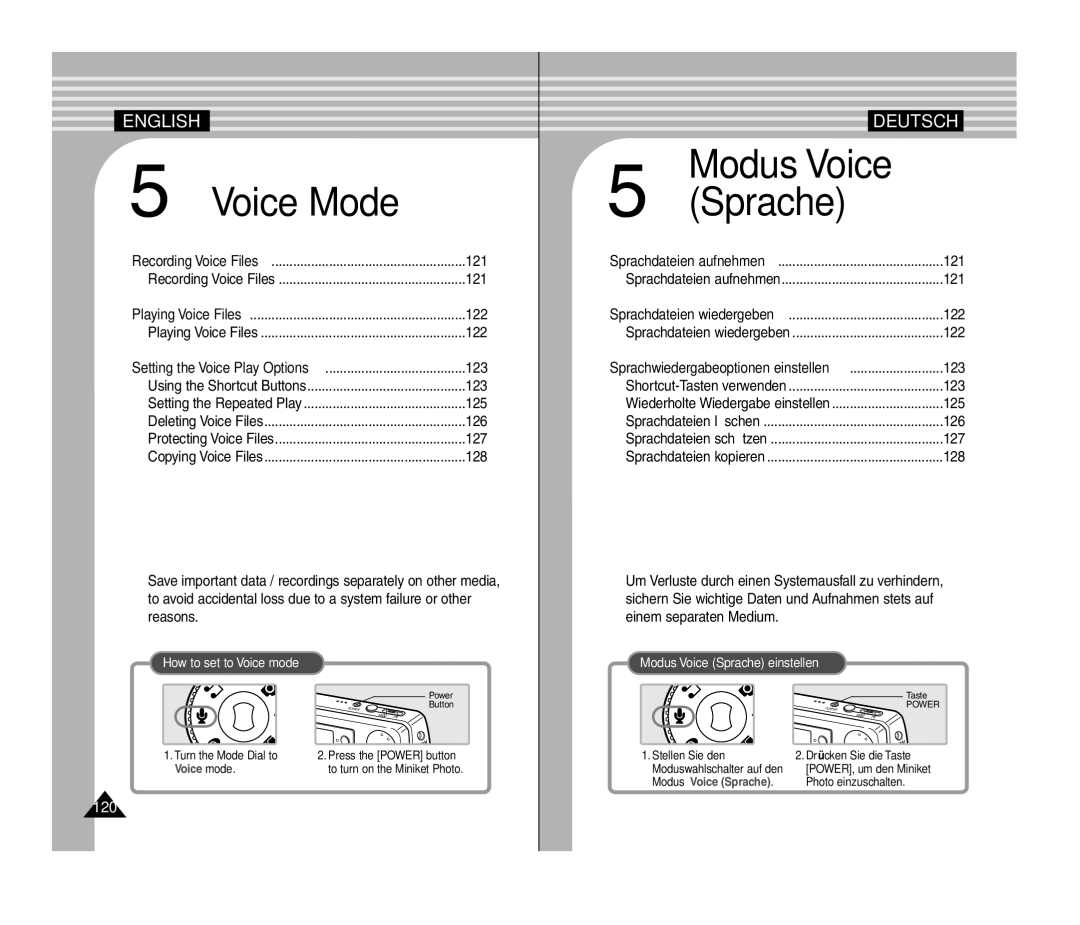 Samsung VP-MM12BL/XET, VP-MM11S/XEF, VP-MM11S/XET, VP-MM12S/XET, VP-MM11S/AND manual 120, Sprachwiedergabeoptionen einstellen 