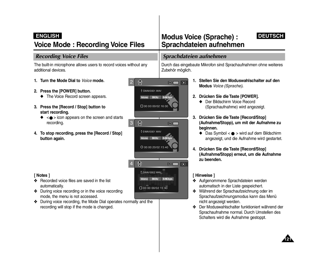 Samsung VP-MM11S/AND, VP-MM11S/XEF manual Modus Voice Sprache, Voice Mode Recording Voice Files, Sprachdateien aufnehmen 