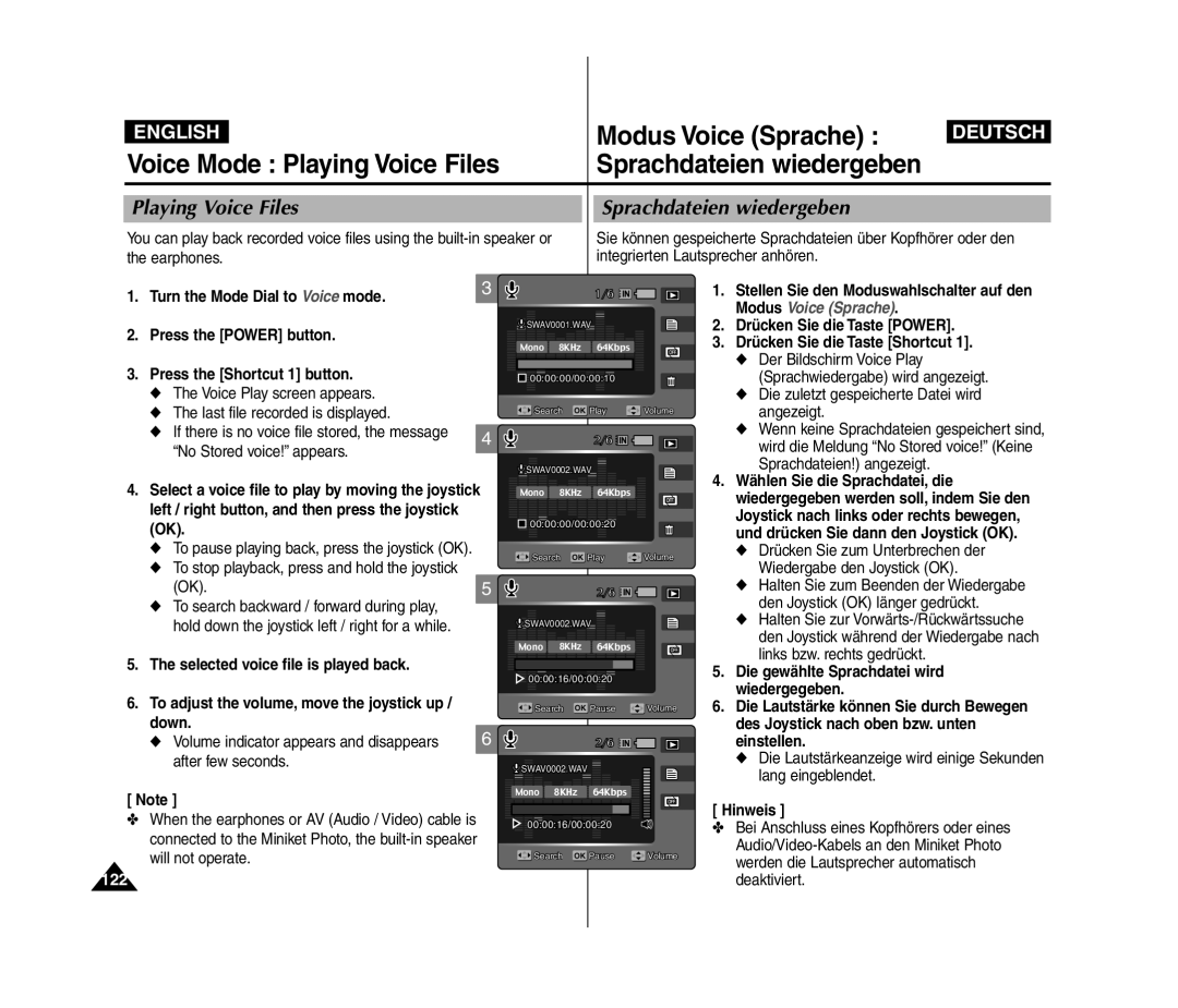 Samsung VP-MM11S/CHN, VP-MM11S/XEF, VP-MM11S/XET manual Voice Mode Playing Voice Files, Sprachdateien wiedergeben, 122 