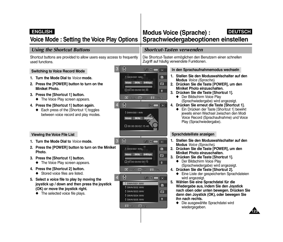 Samsung VP-MM11S/MEA, VP-MM11S/XEF, VP-MM11S/XET Sprachwiedergabeoptionen einstellen, 123, Switching to Voice Record Mode 