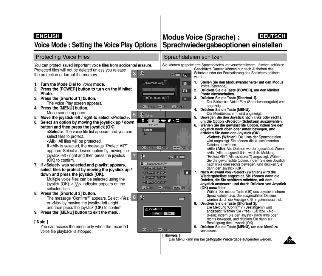 Samsung VP-MM11S/XET 127, Button and then press the joystick OK, Select files to protect All All files will be protected 