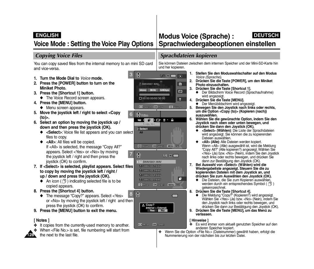 Samsung VP-MM12S/XET manual Up / down and press the joystick OK, An icon indicating selected file is to be copied appears 