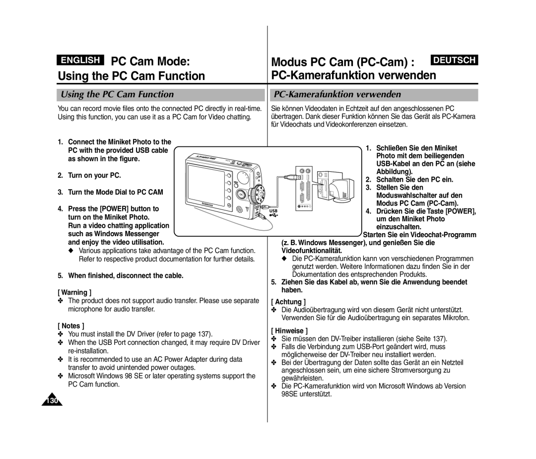 Samsung VP-MM11S/AND manual PC Cam Mode Modus PC Cam PC-Cam, Using the PC Cam Function PC-Kamerafunktion verwenden, 130 