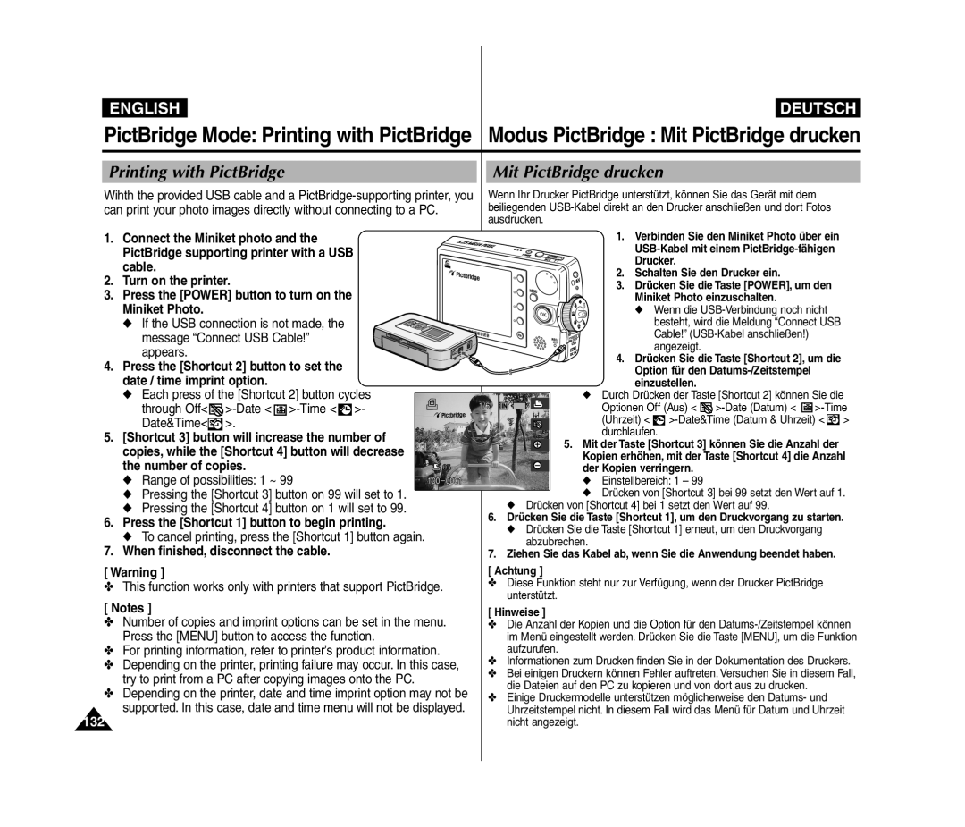 Samsung VP-MM11S/MEA Printing with PictBridge Mit PictBridge drucken, 132, Press the Shortcut 1 button to begin printing 