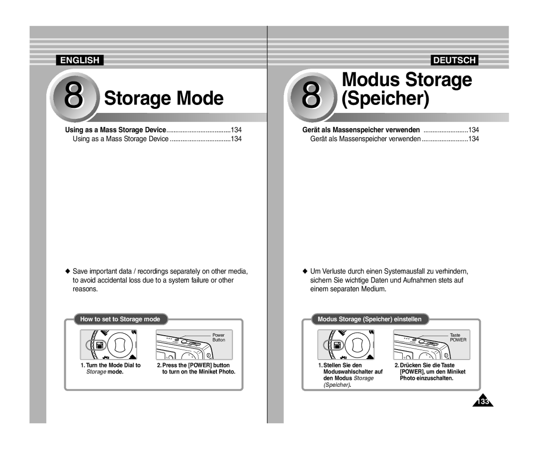 Samsung VP-MM11S/XEV, VP-MM11S/XEF, VP-MM11S/XET, VP-MM12S/XET, VP-MM12BL/XET manual 133, Gerät als Massenspeicher verwenden 