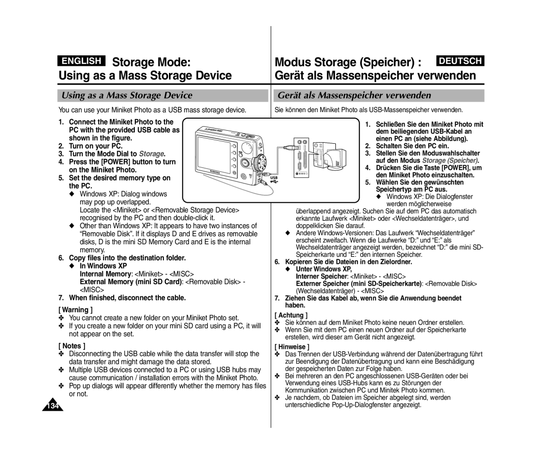 Samsung VP-MM12S/XEV, VP-MM11S/XEF, VP-MM11S/XET Storage Mode Modus Storage Speicher, Using as a Mass Storage Device, 134 