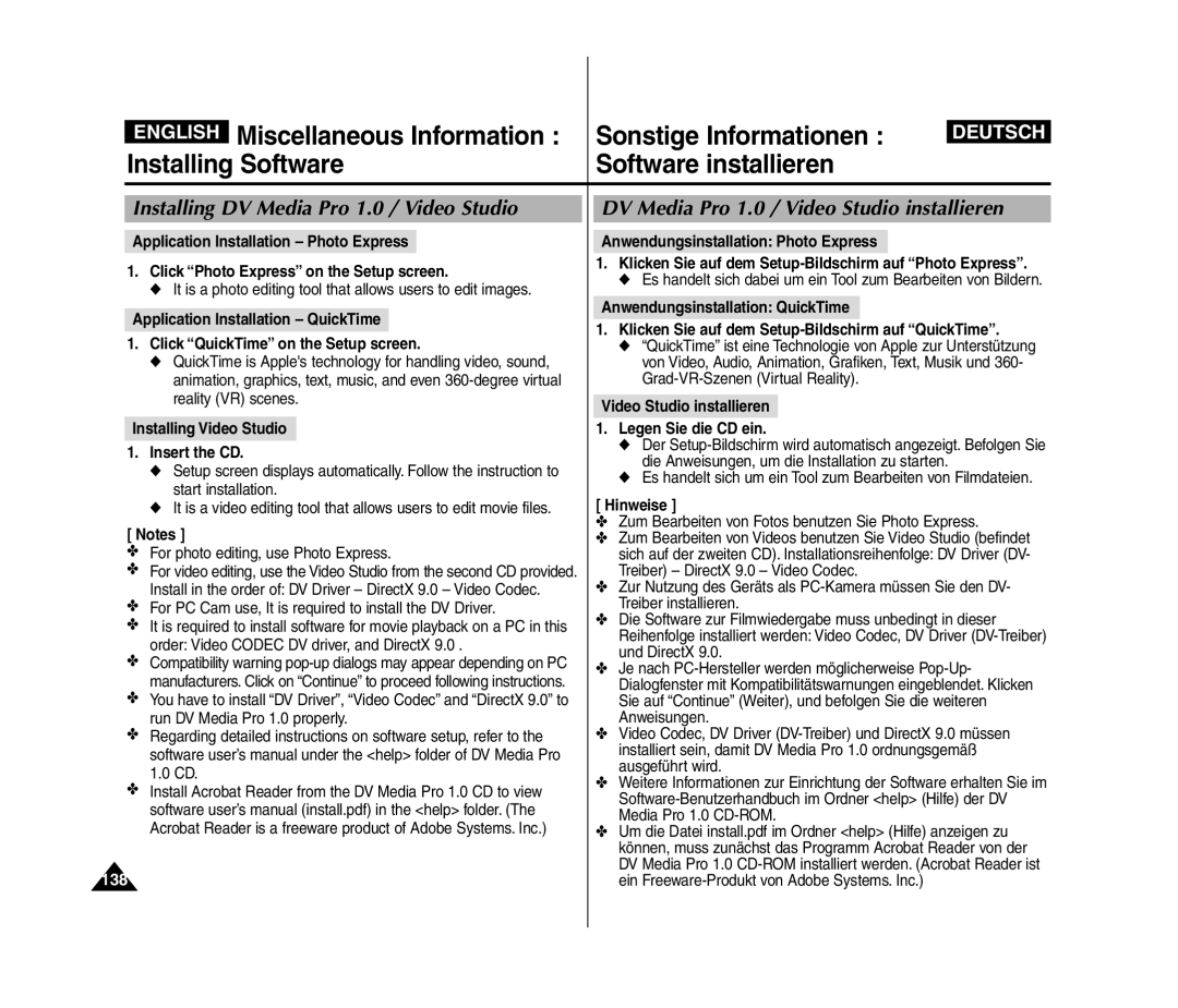 Samsung VP-MM12BL/XET manual Installing DV Media Pro 1.0 / Video Studio, DV Media Pro 1.0 / Video Studio installieren, 138 