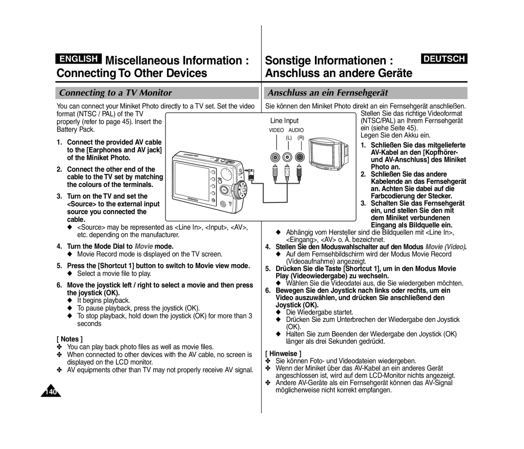 Samsung VP-MM11S/CHN, VP-MM11S/XEF, VP-MM11S/XET manual Connecting to a TV Monitor, Anschluss an ein Fernsehgerät, 140 