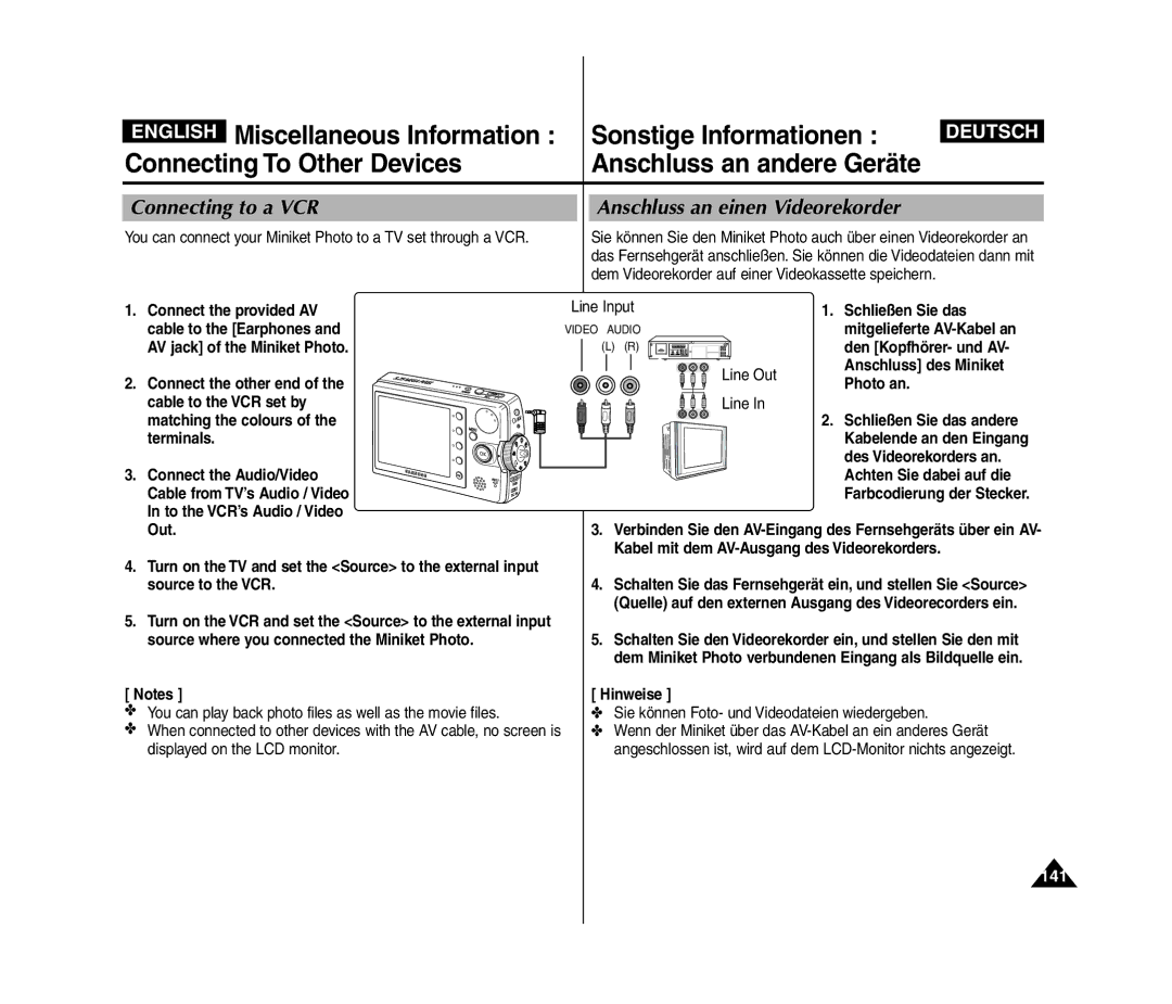 Samsung VP-MM11S/MEA, VP-MM11S/XEF, VP-MM11S/XET, VP-MM12S/XET Connecting to a VCR, Anschluss an einen Videorekorder, 141 