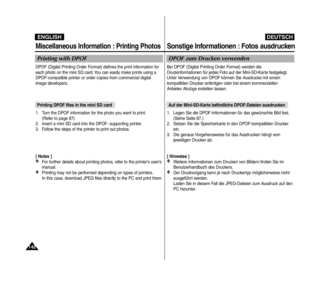 Samsung VP-MM11S/XEV, VP-MM11S/XEF, VP-MM11S/XET, VP-MM12S/XET manual Printing with Dpof Dpof zum Drucken verwenden, 142 