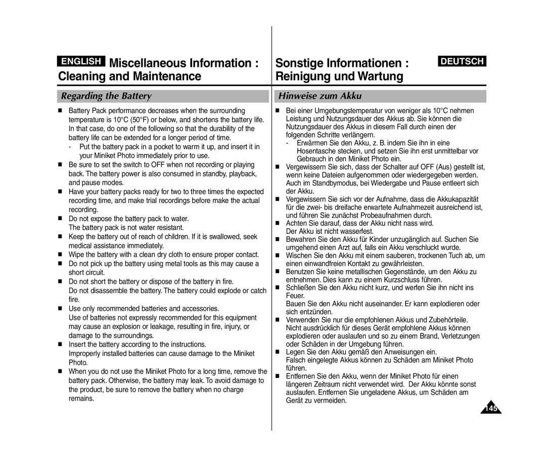 Samsung VP-MM11S/XET, VP-MM11S/XEF, VP-MM12S/XET, VP-MM12BL/XET, VP-MM11S/AND, VP-MM11S/CHN manual Regarding the Battery, 145 