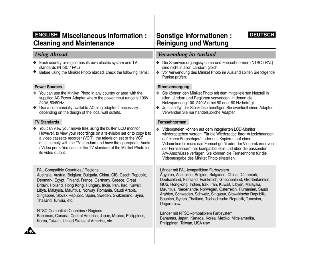 Samsung VP-MM12S/XET, VP-MM11S/XEF, VP-MM11S/XET, VP-MM12BL/XET, VP-MM11S/AND manual Using Abroad, Verwendung im Ausland, 146 