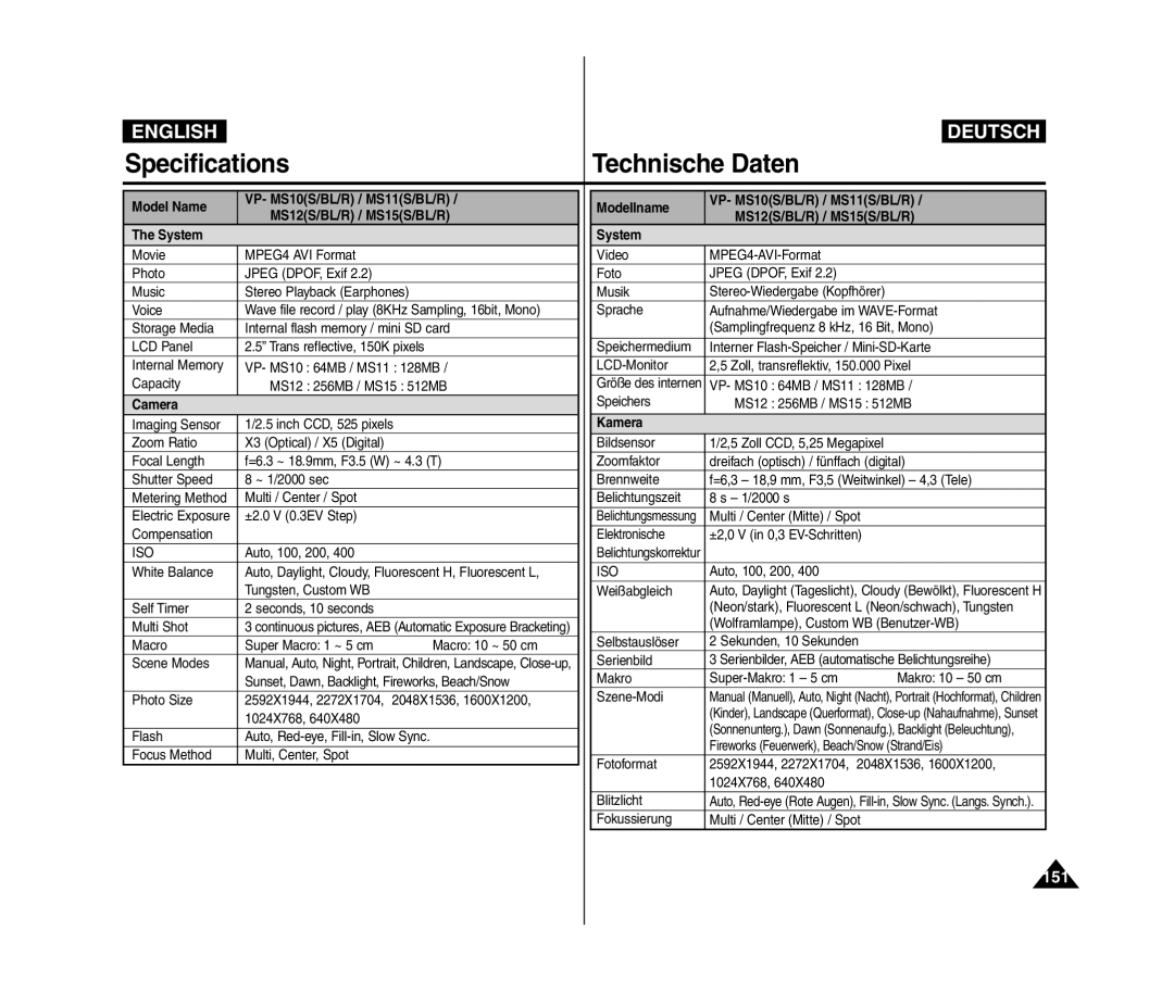 Samsung VP-MM11S/XEV, VP-MM11S/XEF, VP-MM11S/XET, VP-MM12S/XET, VP-MM12BL/XET manual Specifications, Technische Daten, 151 