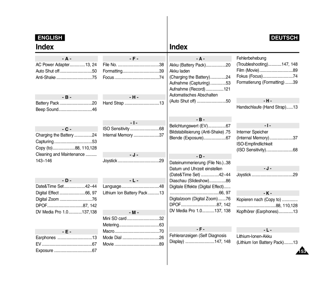 Samsung VP-MM11S/XEF, VP-MM11S/XET, VP-MM12S/XET, VP-MM12BL/XET, VP-MM11S/AND, VP-MM11S/CHN, VP-MM11S/MEA manual Index, 153 