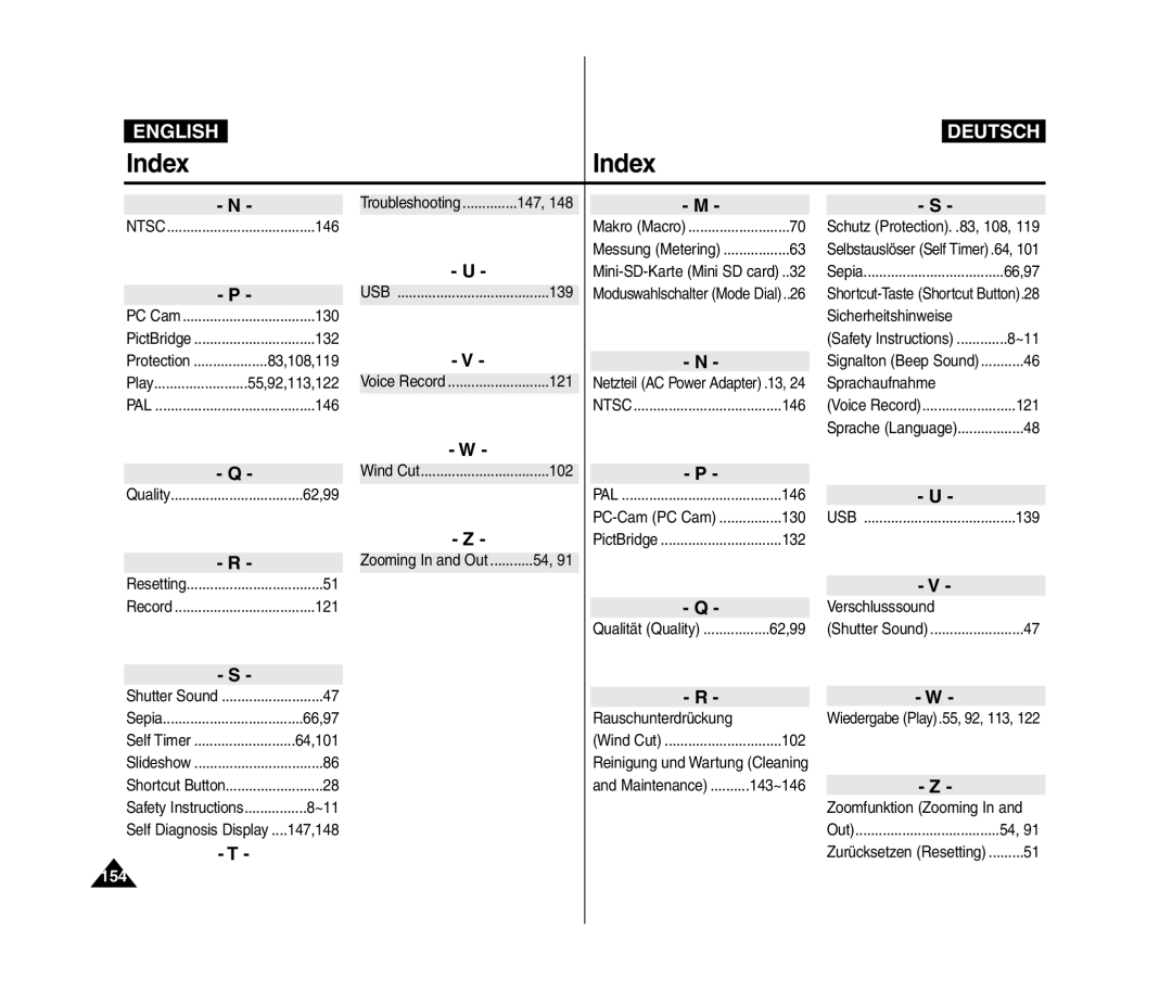 Samsung VP-MM11S/XET, VP-MM11S/XEF, VP-MM12S/XET, VP-MM12BL/XET, VP-MM11S/AND, VP-MM11S/CHN, VP-MM11S/MEA manual Index, 154 