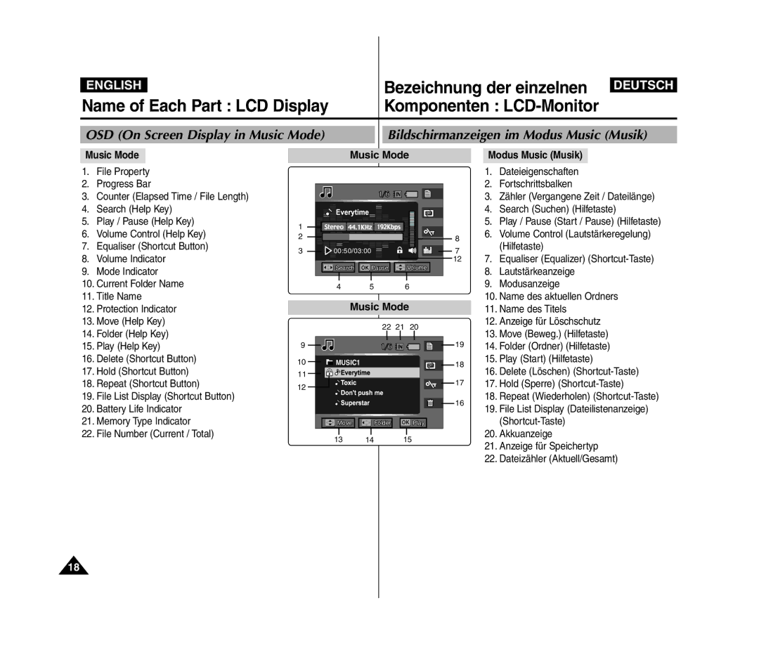 Samsung VP-MM11S/XEF, VP-MM11S/XET manual OSD On Screen Display in Music Mode, Bildschirmanzeigen im Modus Music Musik 