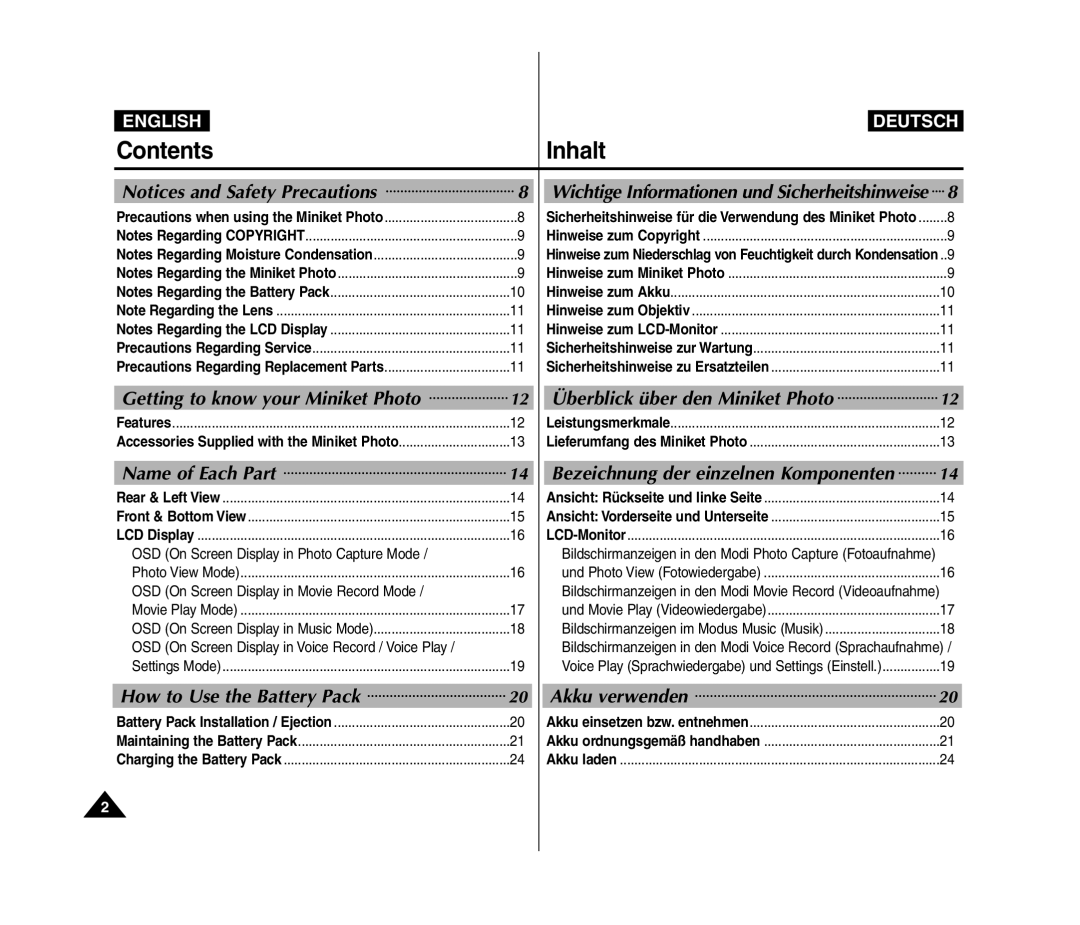 Samsung VP-MM12S/XET, VP-MM11S/XEF, VP-MM11S/XET, VP-MM12BL/XET, VP-MM11S/AND, VP-MM11S/CHN, VP-MM11S/MEA manual Contents Inhalt 