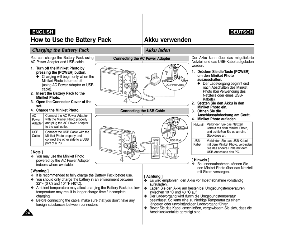 Samsung VP-MM11S/MEA, VP-MM11S/XEF, VP-MM11S/XET, VP-MM12S/XET, VP-MM12BL/XET manual Charging the Battery Pack Akku laden 