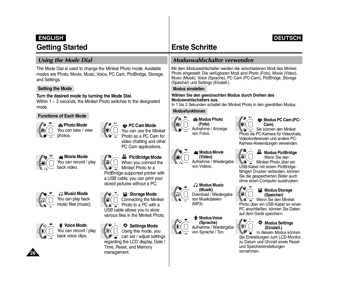 Samsung VP-MM12S/XEV, VP-MM11S/XEF, VP-MM11S/XET Using the Mode Dial, Moduswahlschalter verwenden, Storage Mode, Voice Mode 