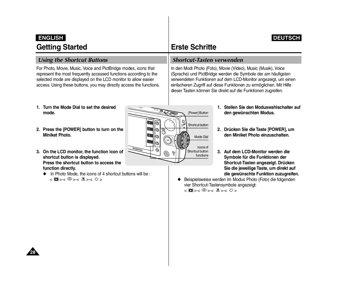 Samsung VP-MM11S/XET Using the Shortcut Buttons, Shortcut-Tasten verwenden, Turn the Mode Dial to set the desired mode 