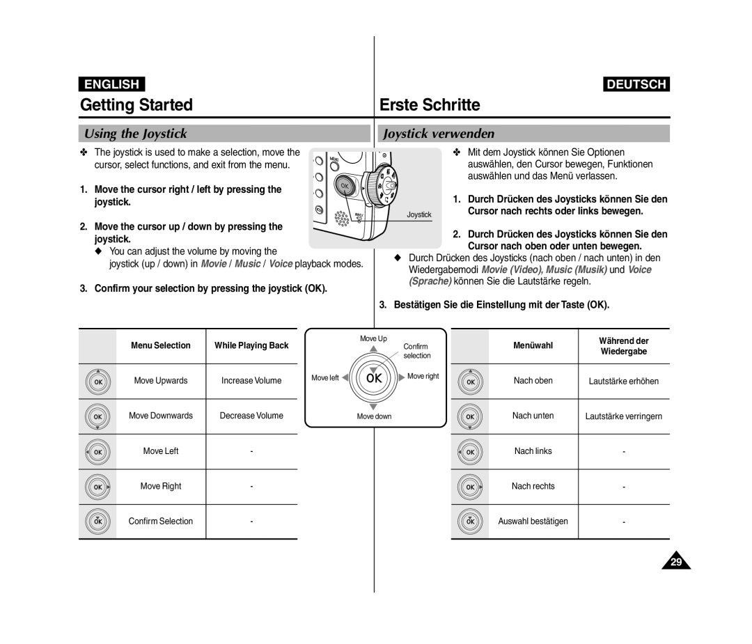 Samsung VP-MM12S/XET, VP-MM11S/XEF, VP-MM11S/XET Using the Joystick Joystick verwenden, You can adjust the volume by moving 