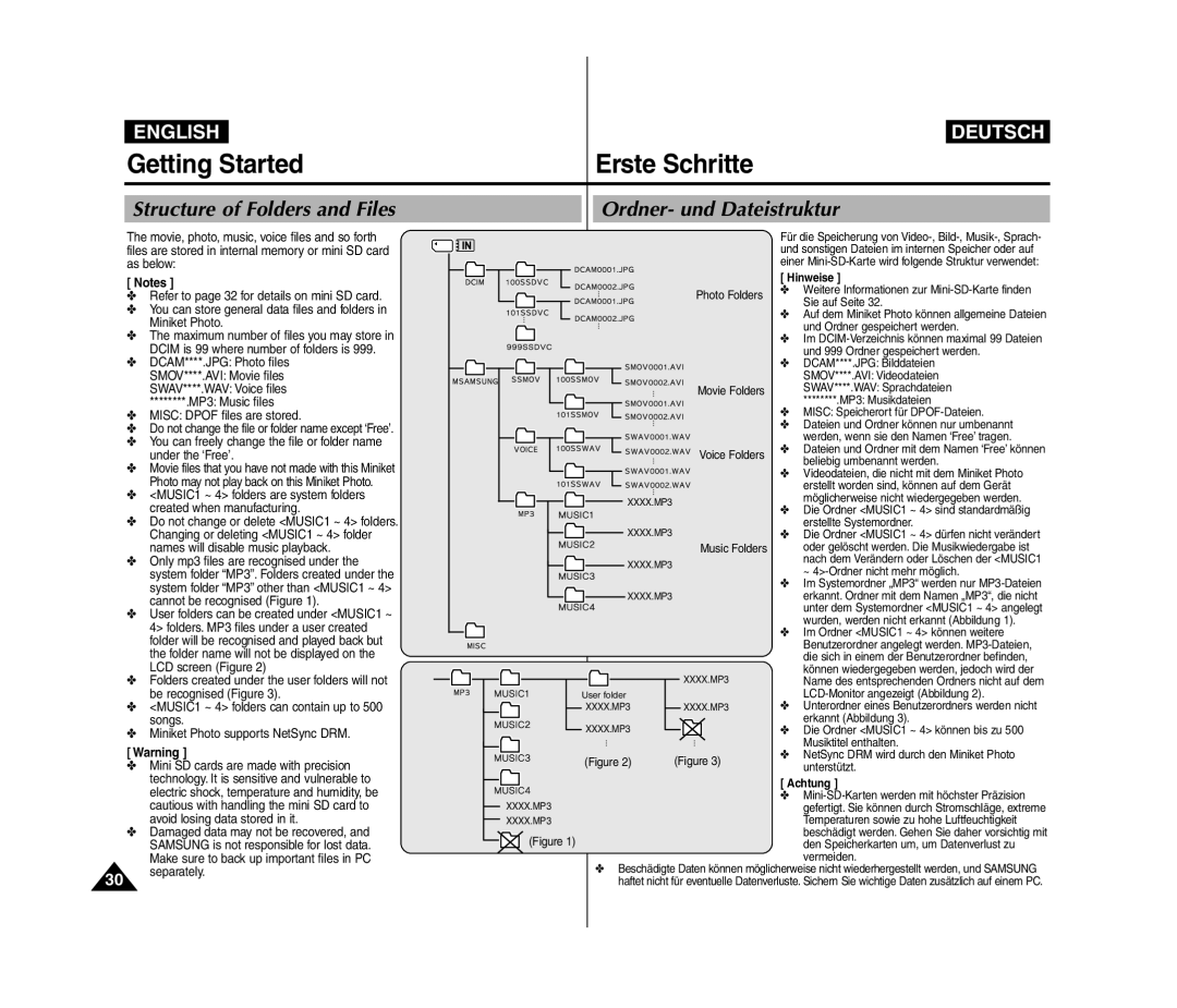 Samsung VP-MM12BL/XET manual Getting Started Erste Schritte, Structure of Folders and Files, Ordner- und Dateistruktur 