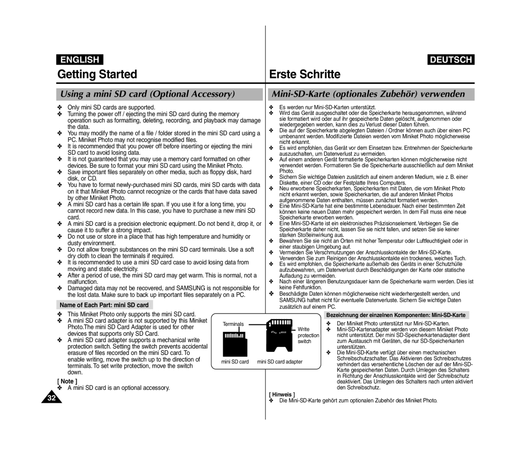 Samsung VP-MM11S/CHN, VP-MM11S/XEF, VP-MM11S/XET Using a mini SD card Optional Accessory, Name of Each Part mini SD card 