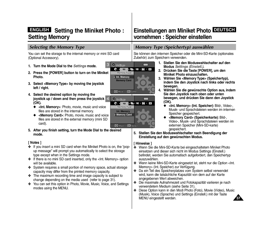 Samsung VP-MM11S/XET, VP-MM11S/XEF manual English Setting the Miniket Photo, Setting Memory, Einstellungen am Miniket Photo 