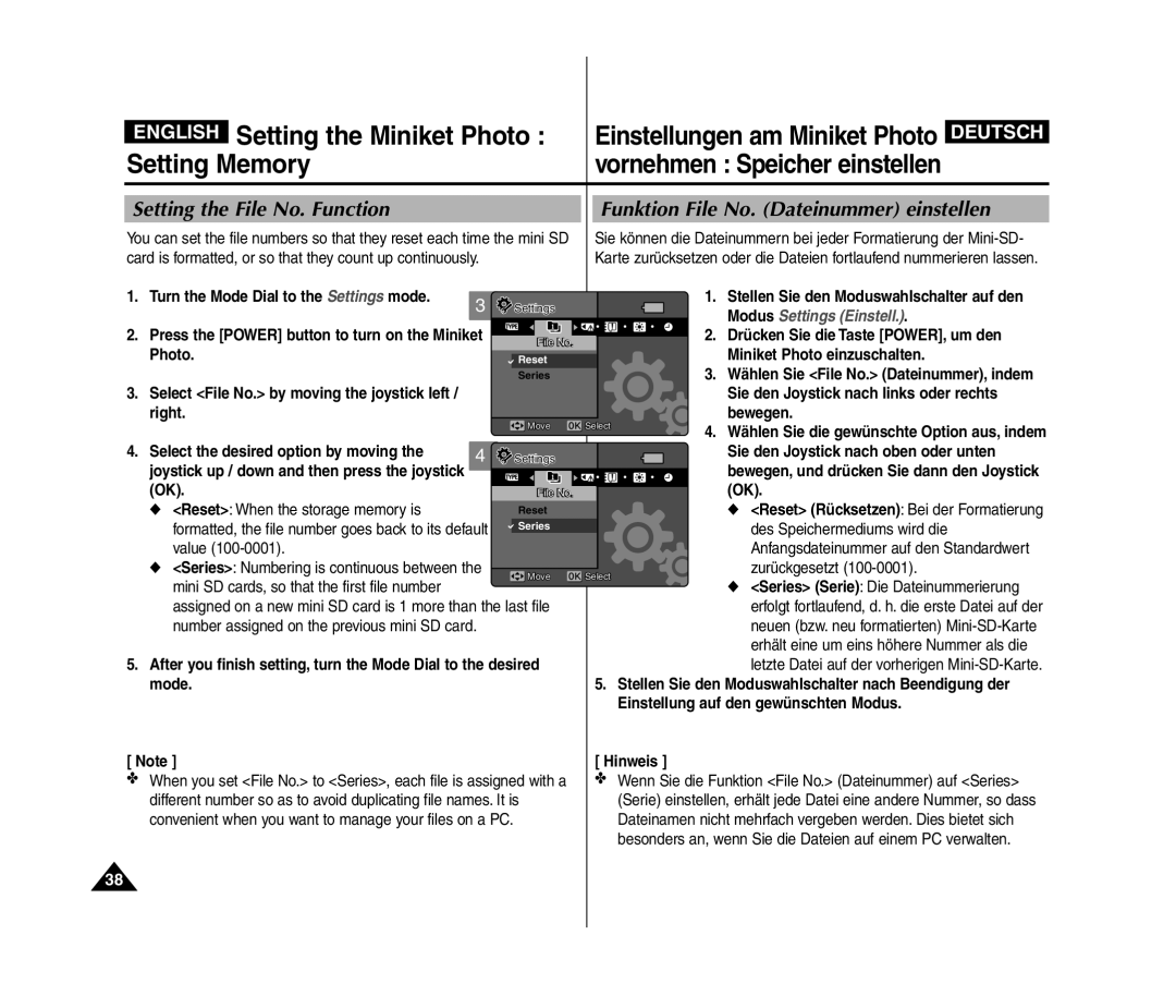 Samsung VP-MM12S/XET, VP-MM11S/XEF, VP-MM11S/XET Setting the File No. Function, Funktion File No. Dateinummer einstellen 