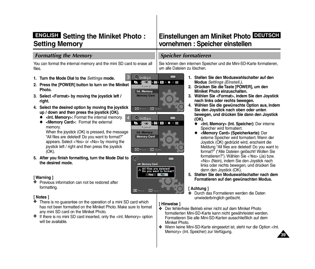 Samsung VP-MM12BL/XET Formatting the Memory, Speicher formatieren, Right Nach links oder rechts bewegen, Desired mode 