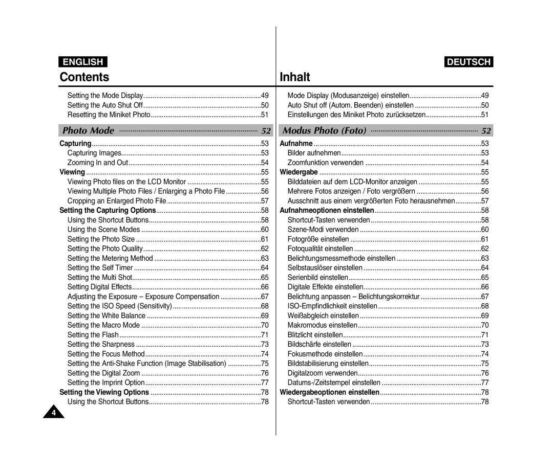 Samsung VP-MM11S/AND, VP-MM11S/XEF, VP-MM11S/XET, VP-MM12S/XET, VP-MM12BL/XET, VP-MM11S/CHN, VP-MM11S/MEA manual Contents Inhalt 