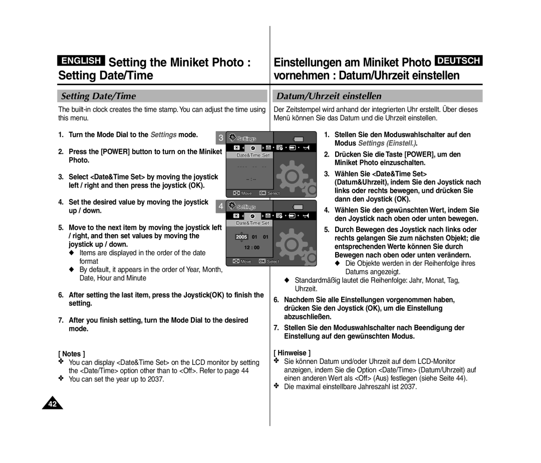 Samsung VP-MM11S/MEA manual Wählen Sie Date&Time Set, Dann den Joystick OK, Up / down, Right, and then set values by moving 