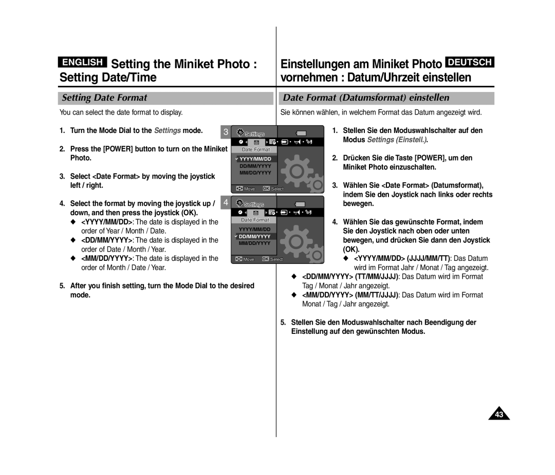 Samsung VP-MM11S/XEV, VP-MM11S/XEF, VP-MM11S/XET Setting Date/Time, Setting Date Format Date Format Datumsformat einstellen 