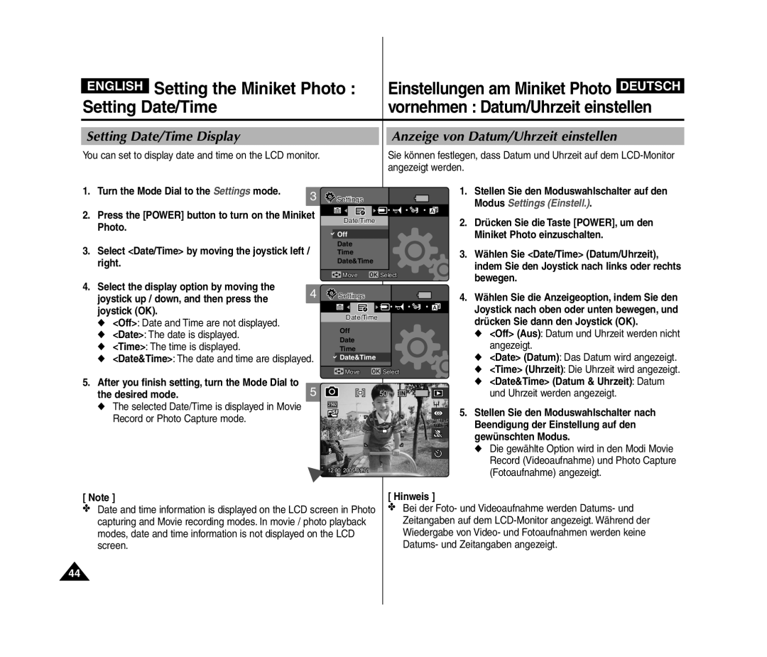 Samsung VP-MM12S/XEV, VP-MM11S/XEF manual Wählen Sie Date/Time Datum/Uhrzeit, Drücken Sie dann den Joystick OK, Angezeigt 