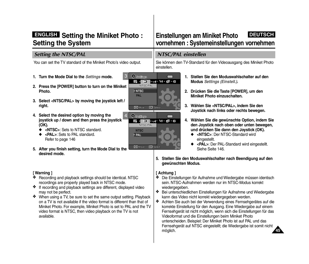 Samsung VP-MM11S/XEF Setting the NTSC/PAL, NTSC/PAL einstellen, Joystick up / down and then press the joystick OK, Möglich 