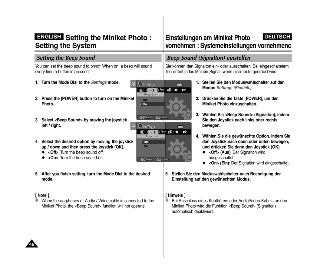 Samsung VP-MM11S/XET, VP-MM11S/XEF, VP-MM12S/XET Setting the System, Setting the Beep Sound Beep Sound Signalton einstellen 