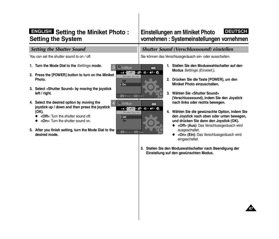 Samsung VP-MM12S/XET, VP-MM11S/XEF, VP-MM11S/XET Wählen Sie Shutter Sound, Off Turn the shutter sound off, Eingeschaltet 