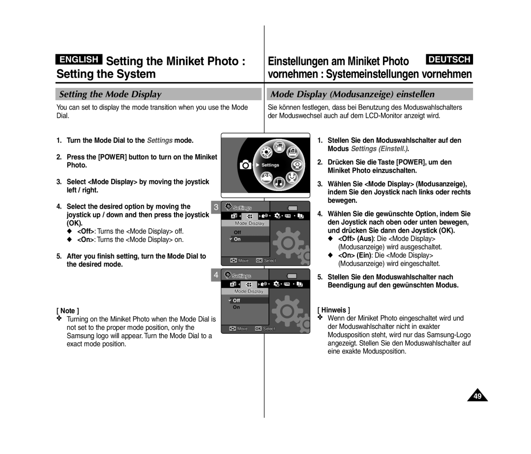 Samsung VP-MM11S/AND, VP-MM11S/XEF, VP-MM11S/XET manual Setting the Mode Display, Mode Display Modusanzeige einstellen 