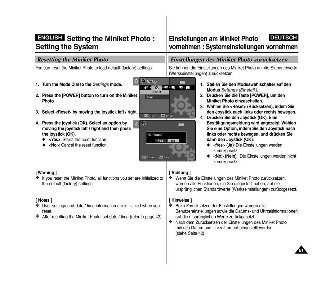 Samsung VP-MM11S/MEA manual Werkseinstellungen zurücksetzen, Yes Starts the reset function No Cancel the reset function 