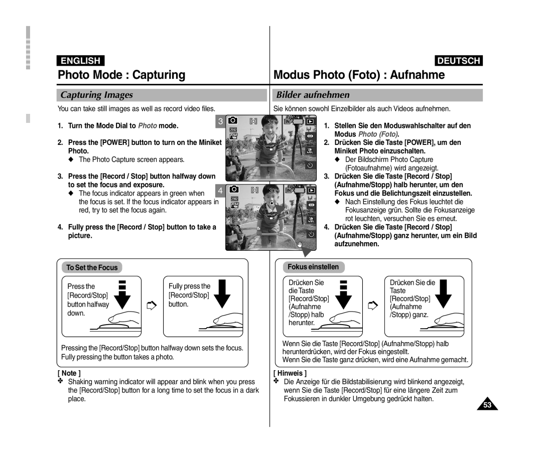 Samsung VP-MM12S/XEV, VP-MM11S/XEF Photo Mode Capturing, Modus Photo Foto Aufnahme, Capturing Images, Bilder aufnehmen 