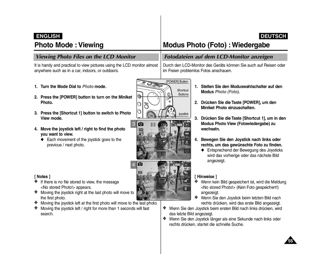 Samsung VP-MM11S/XET manual Press the Shortcut 1 button to switch to Photo View mode, Modus Photo View Fotowiedergabe zu 