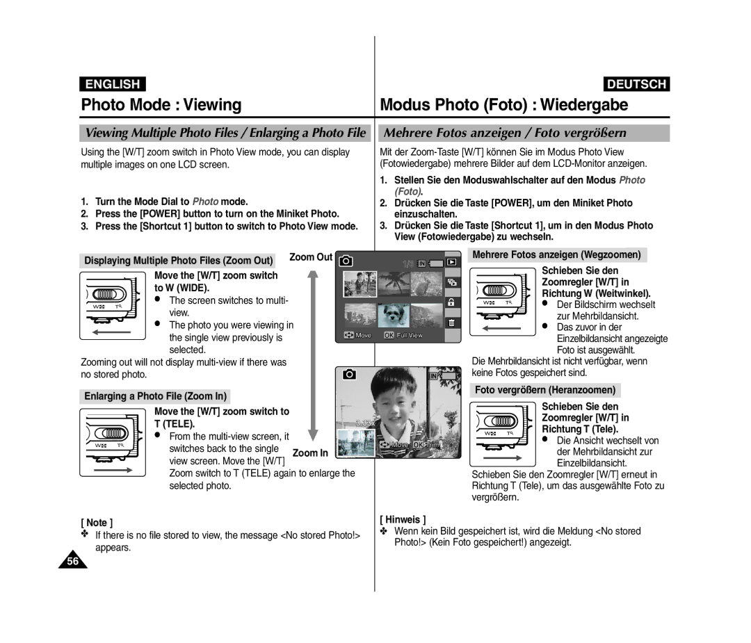 Samsung VP-MM12S/XET manual Photo Mode Viewing, Modus Photo Foto Wiedergabe, Mehrere Fotos anzeigen / Foto vergrößern 