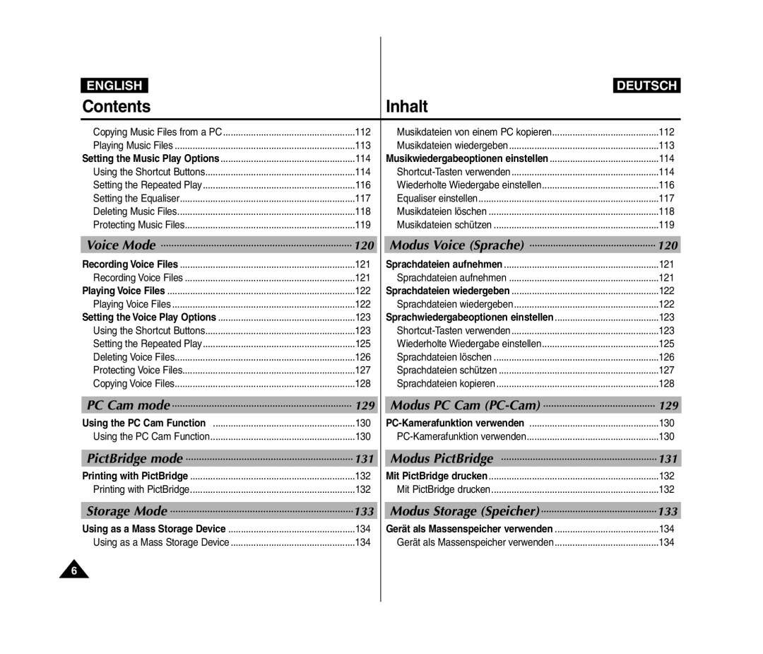 Samsung VP-MM11S/MEA Voice Mode, Modus Voice Sprache, PC Cam mode, Modus PC Cam PC-Cam, PictBridge mode, Modus PictBridge 